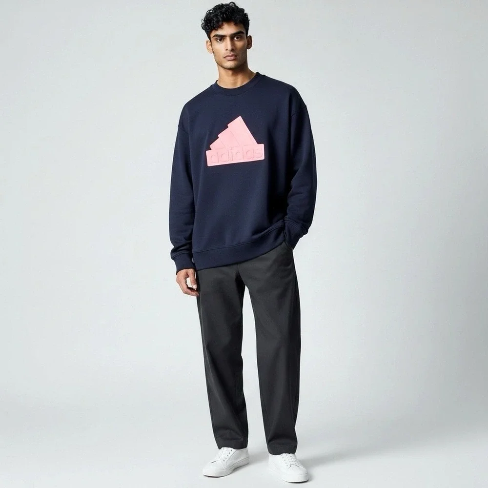 Adidas Future Icons Badge of Sport Mens Crewneck Sweatshirt Size M Ink Blue Pink
